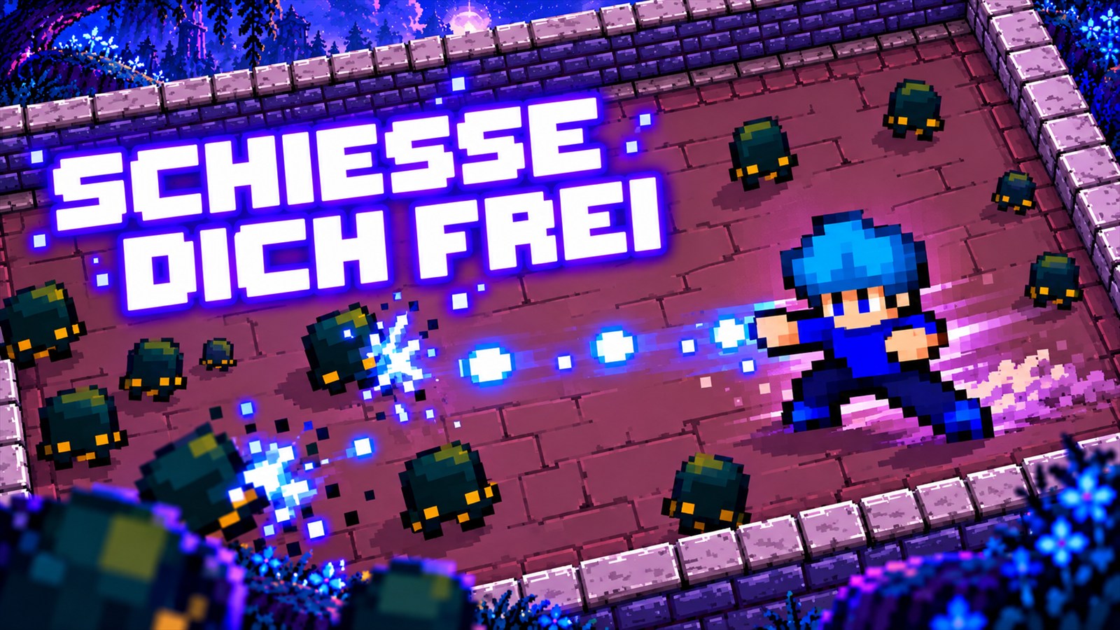 Illustration: Blauer Held schießt Pixelprojektile auf anrückende Gegner
