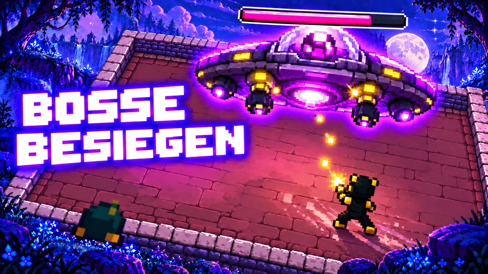 PloX-Werbemotiv: PloXimus tritt im Spielraum gegen den Boss an
