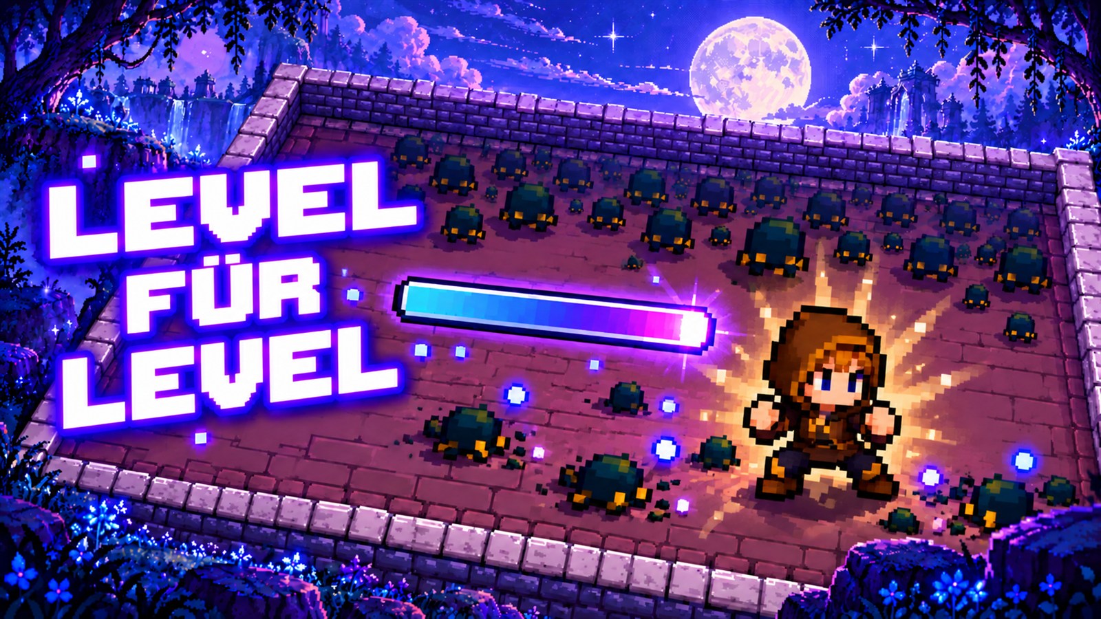 Illustration: PluX vor Gegnerwellen und einem fast vollen Levelbalken