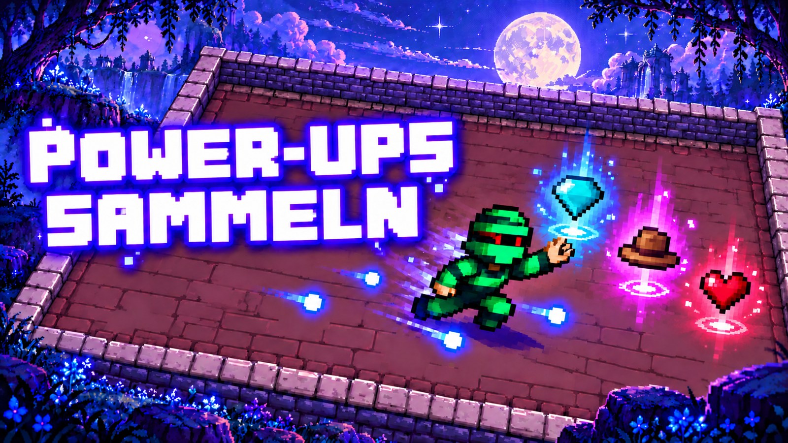 Illustration: Grüner Held sammelt Diamant, Hut und Herz ein