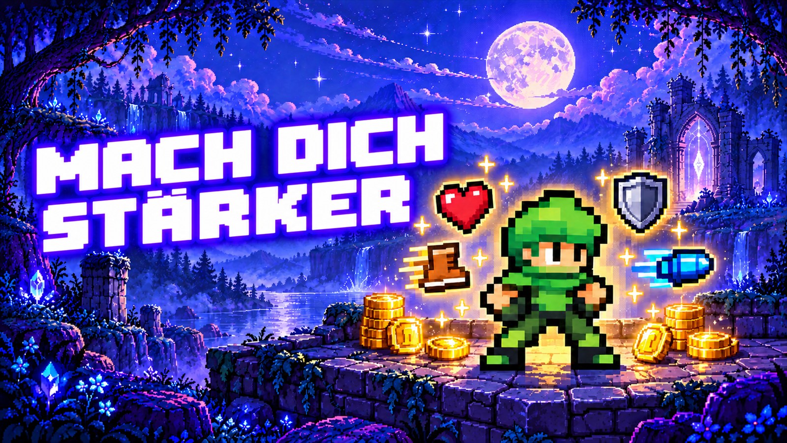 Illustration: Grüner Held mit Ploins und Symbolen für Upgrades